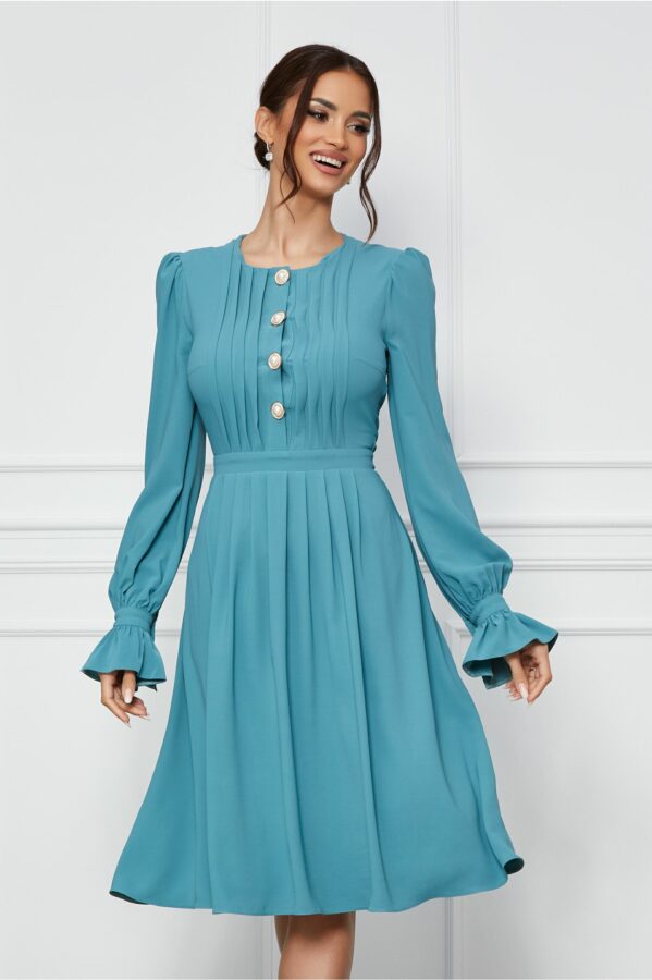 Rochie Dy Fashion bleu cu pliuri si nasturi decorativi pe bust
