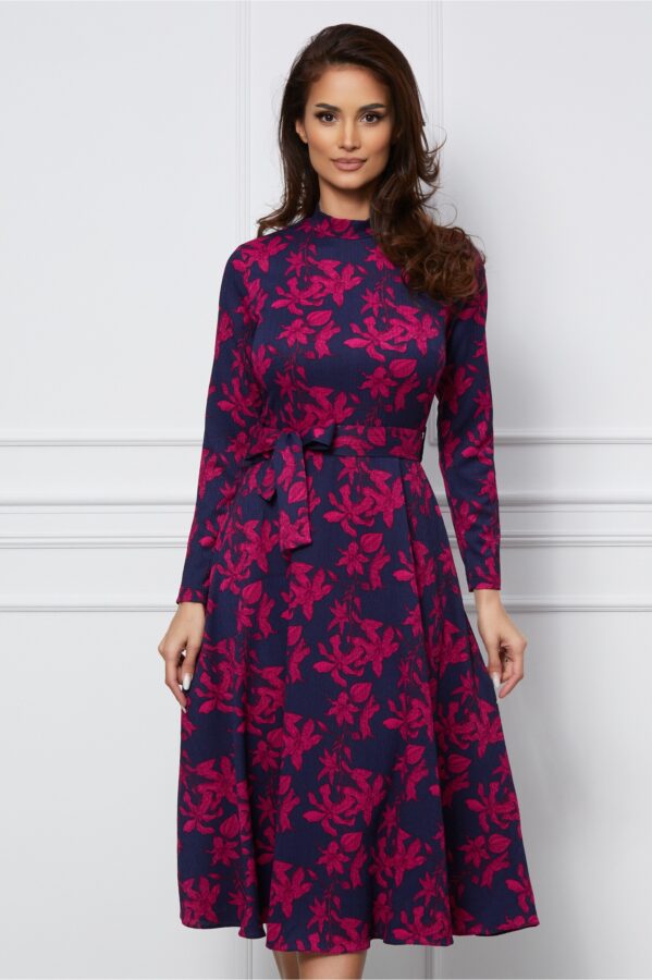 Rochie Dy Fashion bleumarin cu imprimeuri fucsia cu cordon in talie
