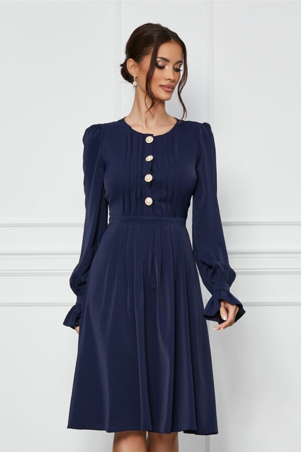 Rochie Dy Fashion bleumarin cu pliuri si nasturi decorativi pe bust