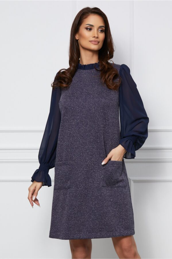 Rochie DY Fashion bleumarin din jerse cu maneci din voal