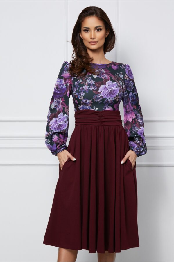 Rochie Dy Fashion bordo cu imprimeu floral mov pe bust