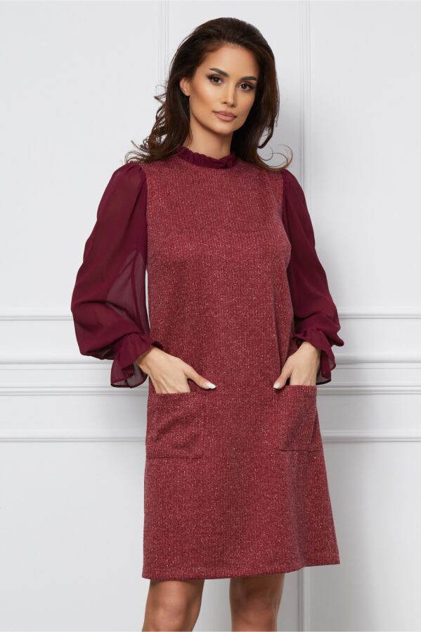 Rochie DY Fashion bordo din jerse cu maneci din voal