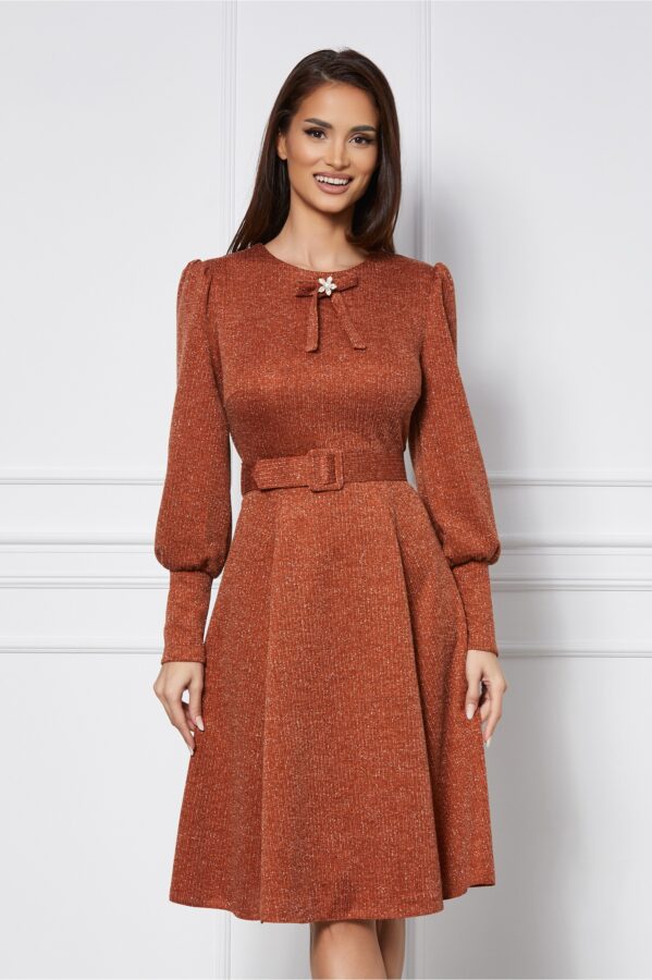 Rochie Dy Fashion caramizie cu accesoriu si curea in talie