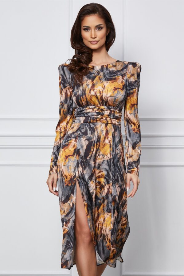 Rochie Dy Fashion gri cu imprimeuri galbene si crepeu pe fusta