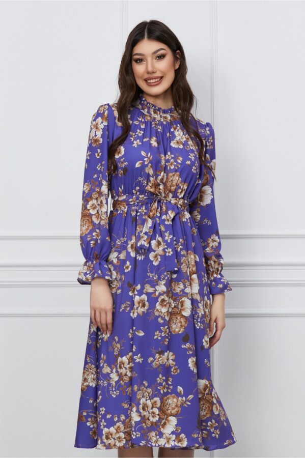 Rochie Dy Fashion mov cu imprimeuri florale si cordon in talie