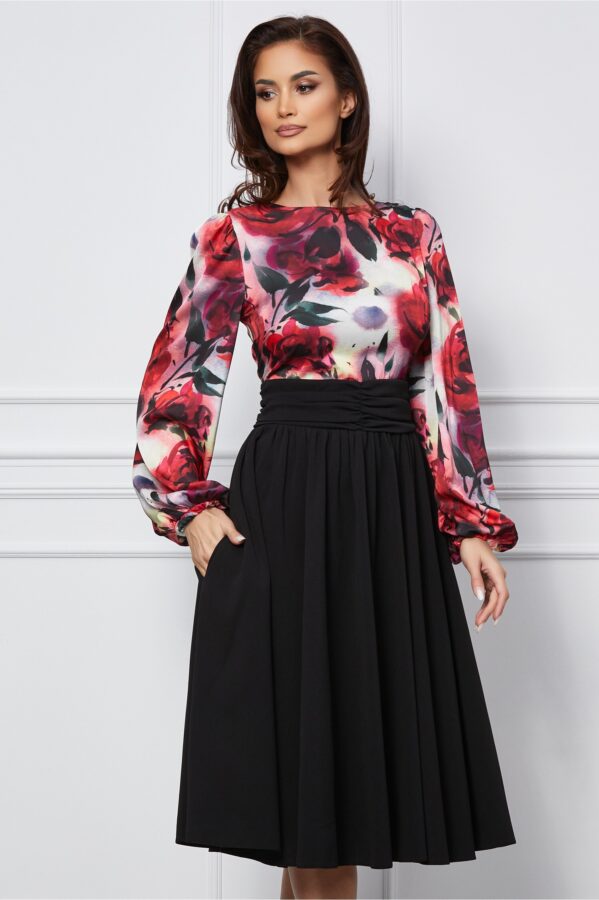 Rochie Dy Fashion neagra cu imprimeu floral pe bust