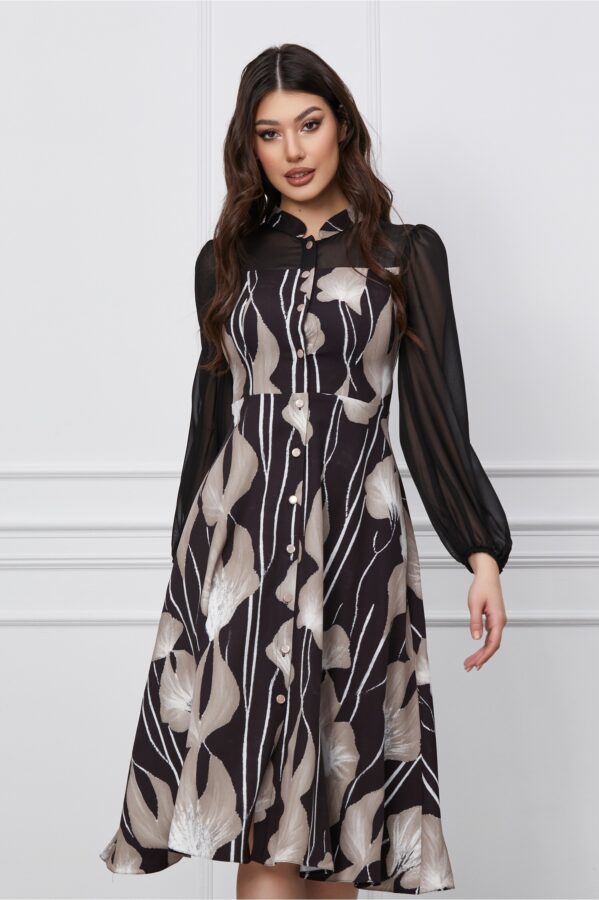 Rochie Dy Fashion neagra cu imprimeuri bej si nasturi