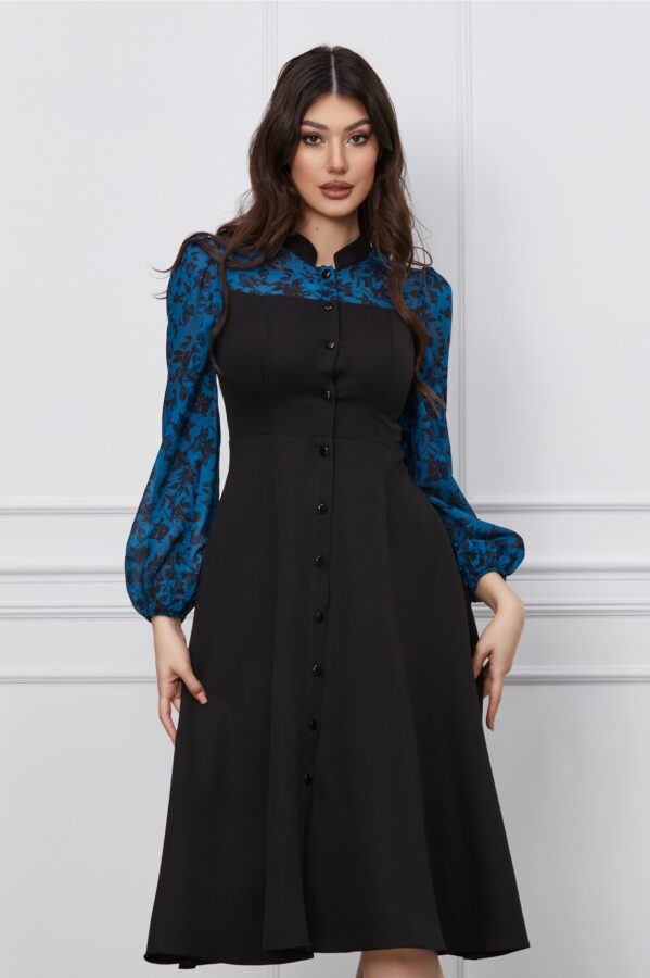 Rochie Dy Fashion neagra cu maneci albastre si nasturi