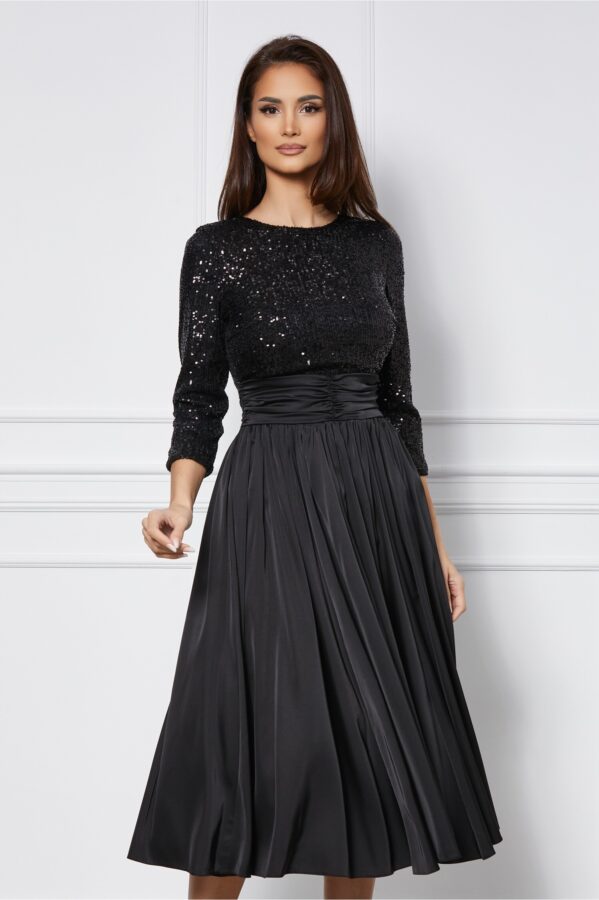 Rochie Dy Fashion neagra din satin cu paiete la bust