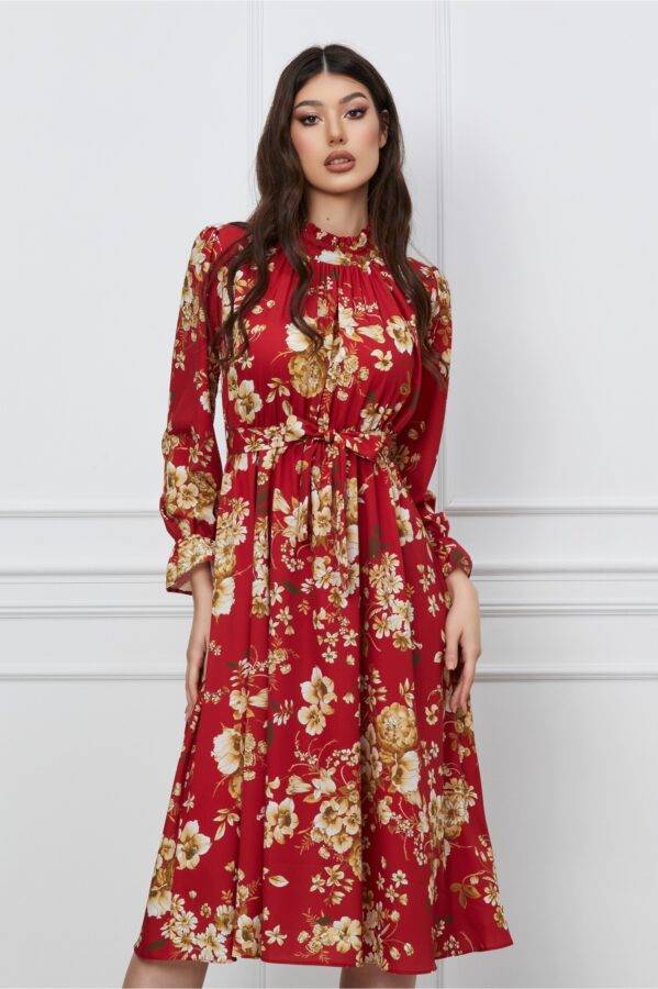 Rochie Dy Fashion rosie cu imprimeuri florale si cordon in talie