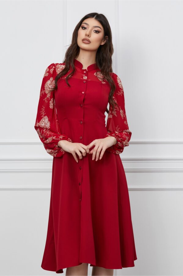 Rochie Dy Fashion rosie cu maneci imprimate si nasturi