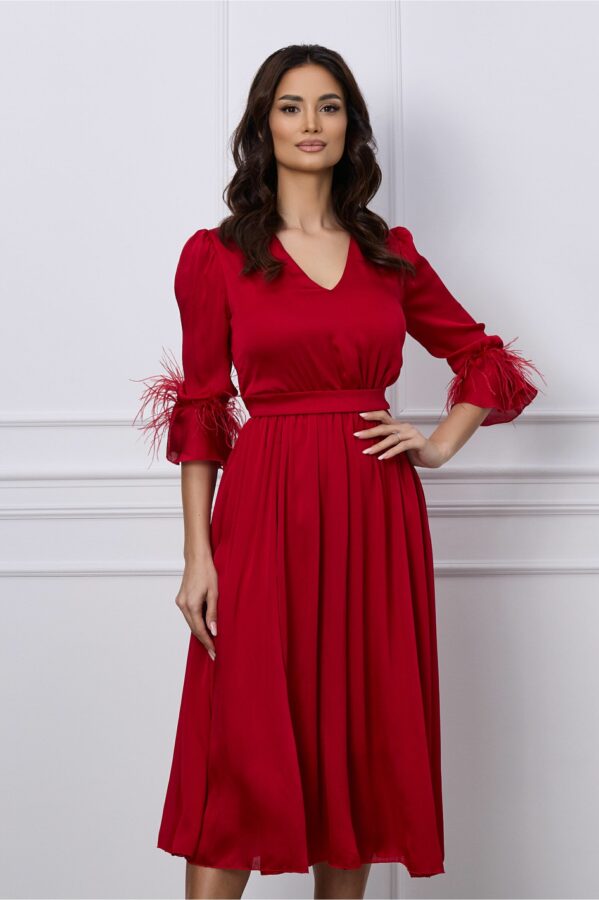 Rochie Dy Fashion rosie cu pene la maneci