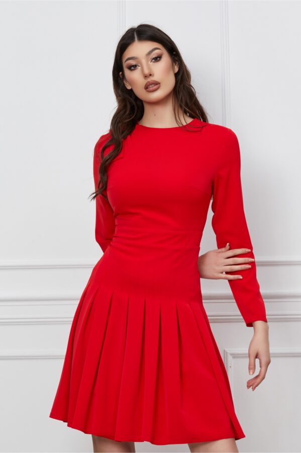 Rochie Dy Fashion rosie cu pliuri pe fusta si funda pe umar