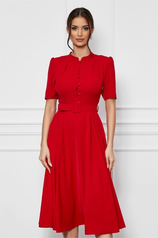 Rochie Dy Fashion rosie office cu nasturi la bust si curea in talie