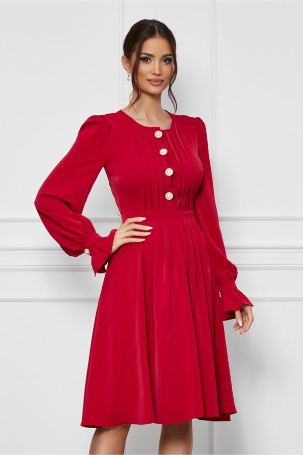 Rochie Dy Fashion rosu zmeura cu pliuri si nasturi decorativi pe bust