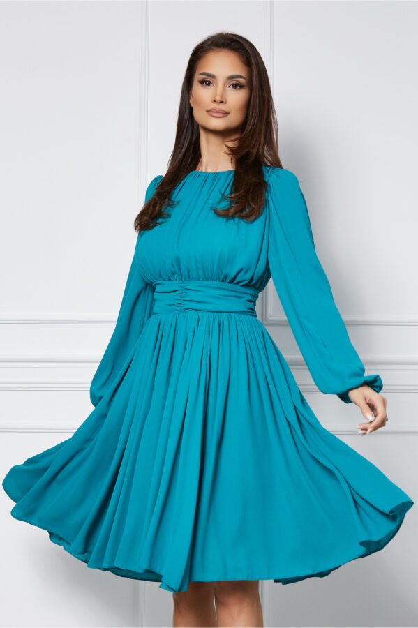 Rochie Dy Fashion turcoaz cu pliuri la bust