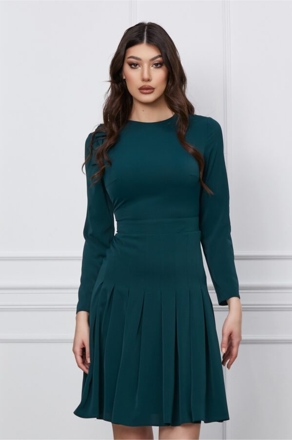 Rochie Dy Fashion verde cu pliuri pe fusta si funda pe umar