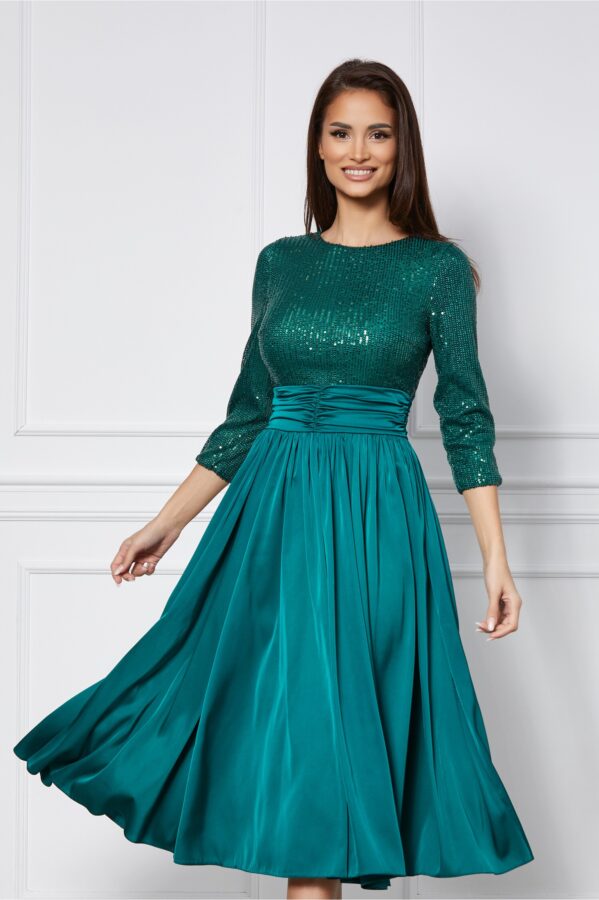 Rochie Dy Fashion verde din satin cu paiete la bust