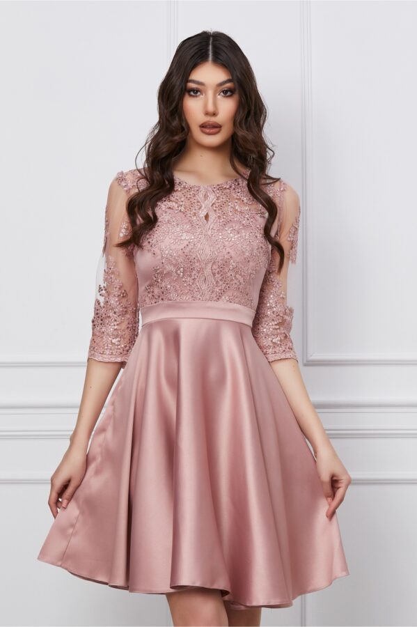 Rochie Ella Collection Ana roz cu broderie la bust si fusta din satin