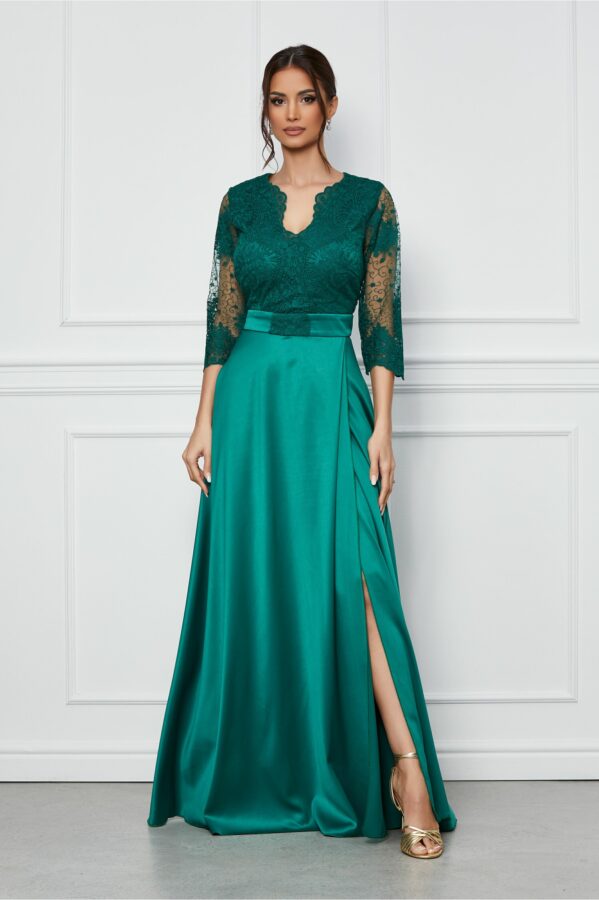 Rochie Ella Collection Asia lunga verde din tafta cu broderie la bust