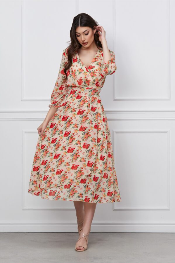 Rochie Ella Collection Olga ivory cu imprimeu floral corai si cordon in talie