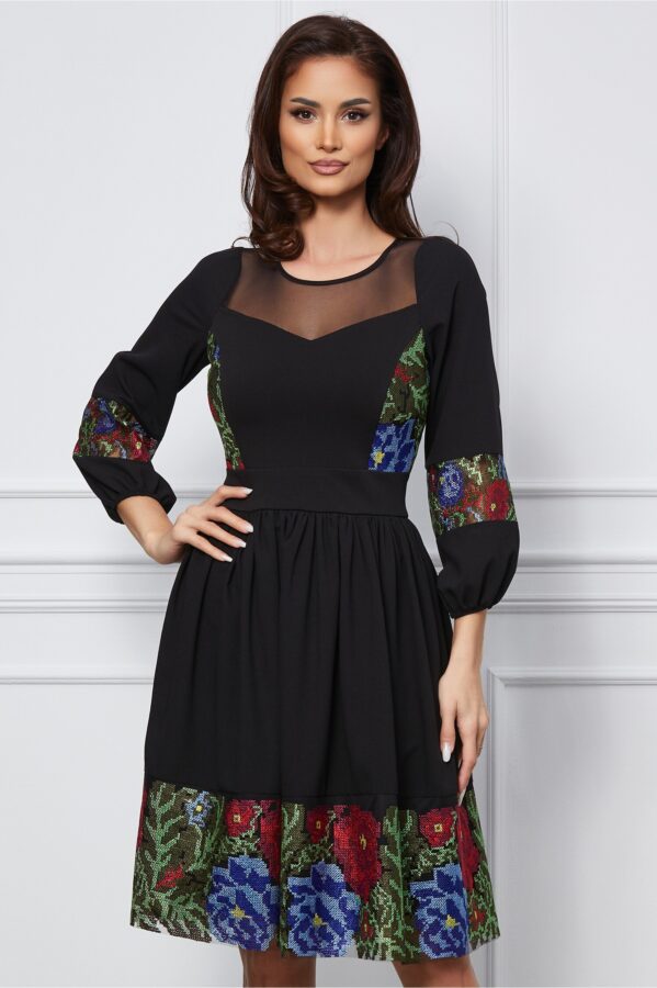 Rochie Ella Collection Printes neagra cu broderie traditionala