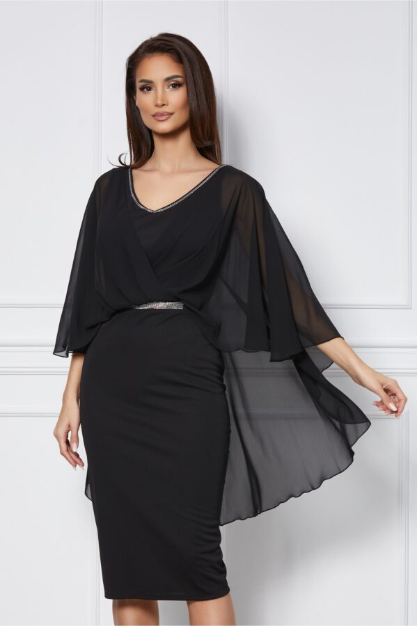 Rochie Ioana neagra cu maneci fluture si capa din voal