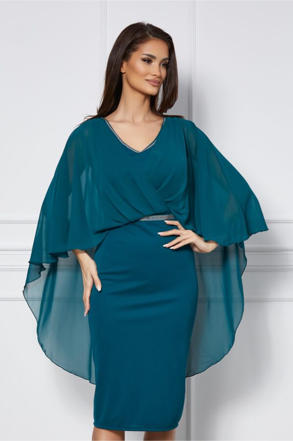 Rochie Ioana verde cu maneci fluture si capa din voal