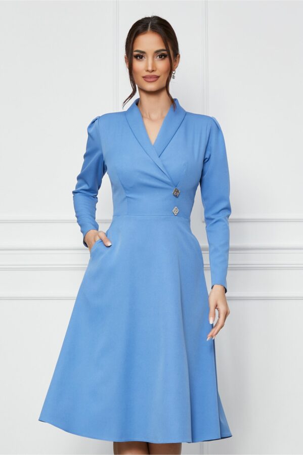 Rochie Moze bleu cu revere si nasturi decorativi