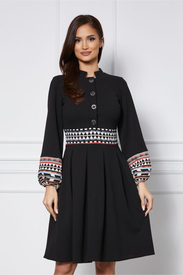 Rochie Moze neagra cu nasturi la bust si imprimeu in talie