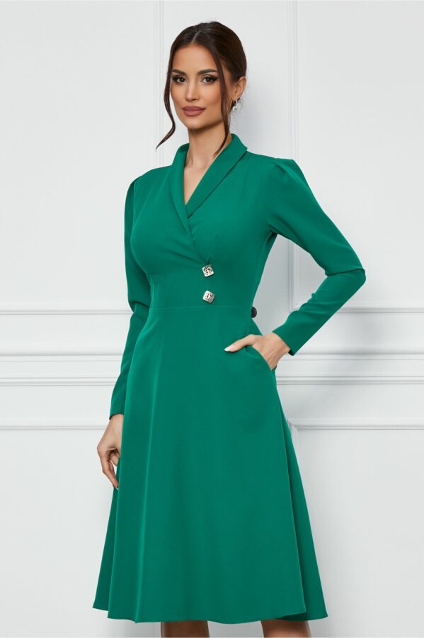 Rochie Moze verde cu revere si nasturi decorativi