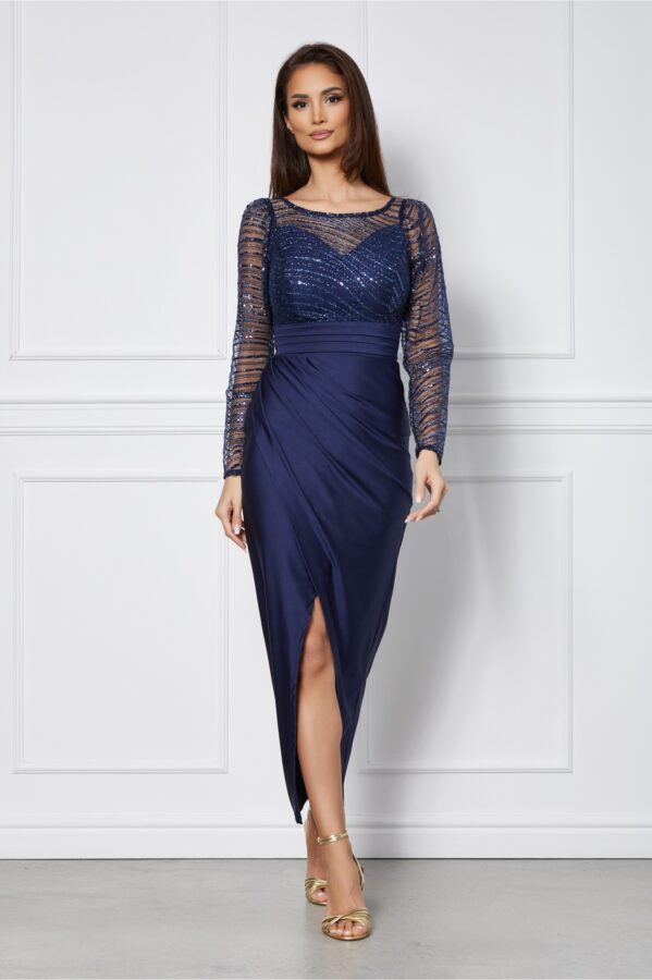 Rochie Ramona bleumarin lunga cu glitter la bust