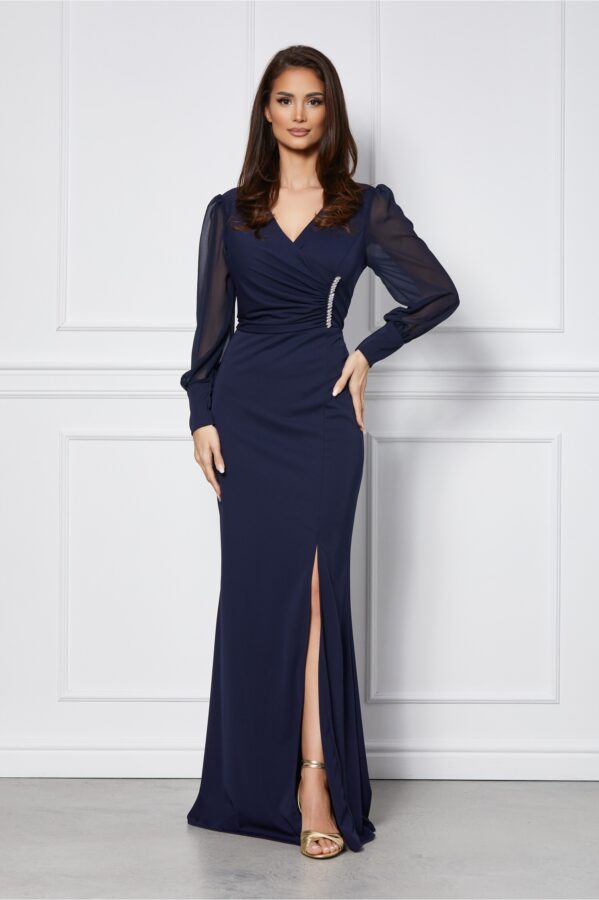 Rochie Simona lunga bleumarin cu accesoriu in talie
