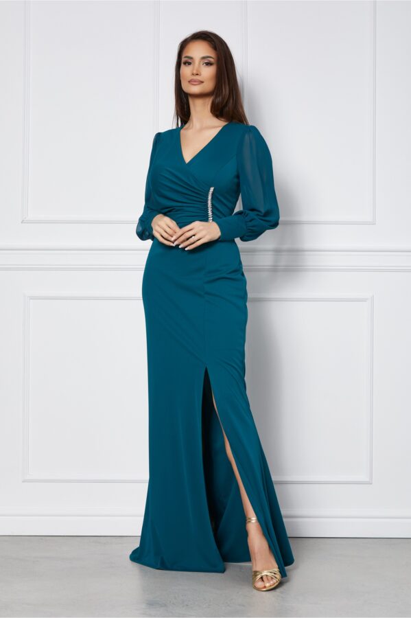 Rochie Simona lunga verde cu accesoriu in talie