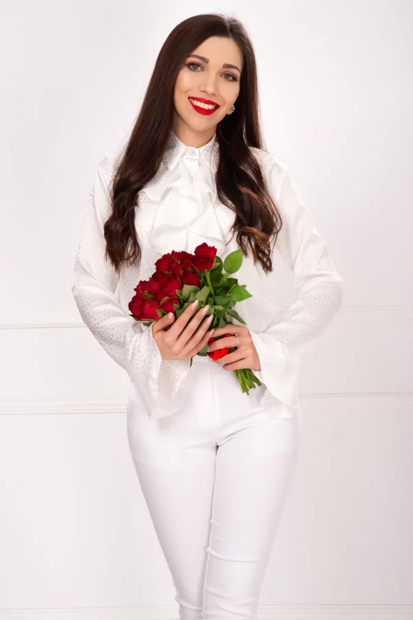 Bluza alba InPuff din jakard satinata cu jabou