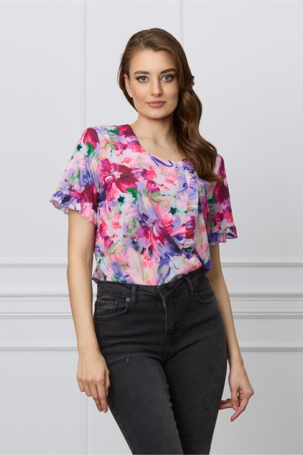 Bluza Ana mov cu imprimeuri florale fucsia si volanas