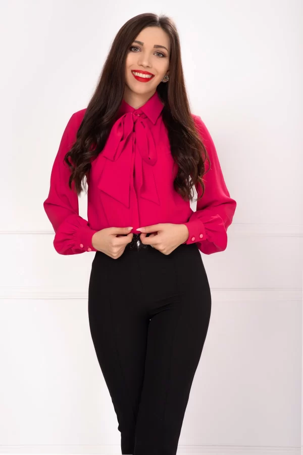 Bluza din voal ciclam cu funda stilizata din panglica si mansete late