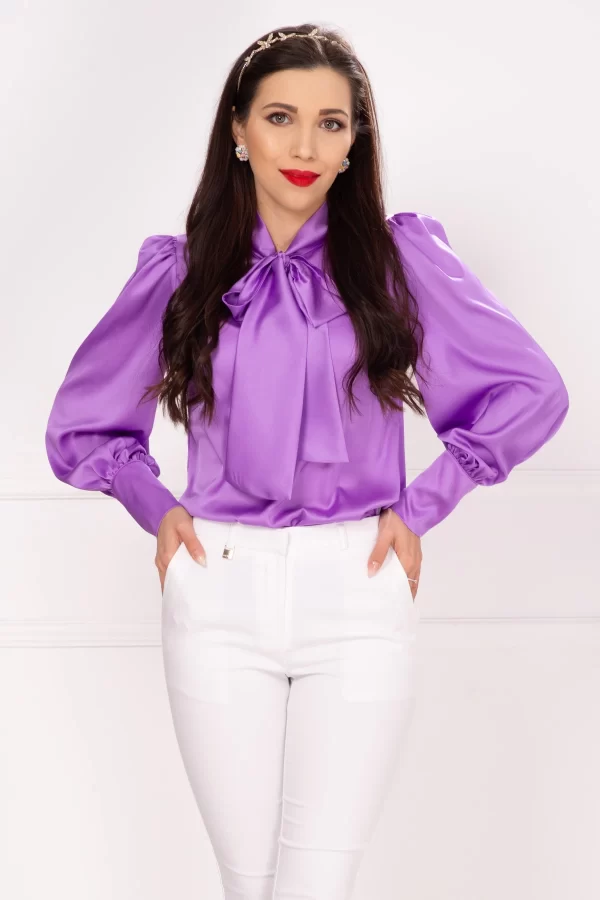 Bluza dama lila din satin cu funda stilizata