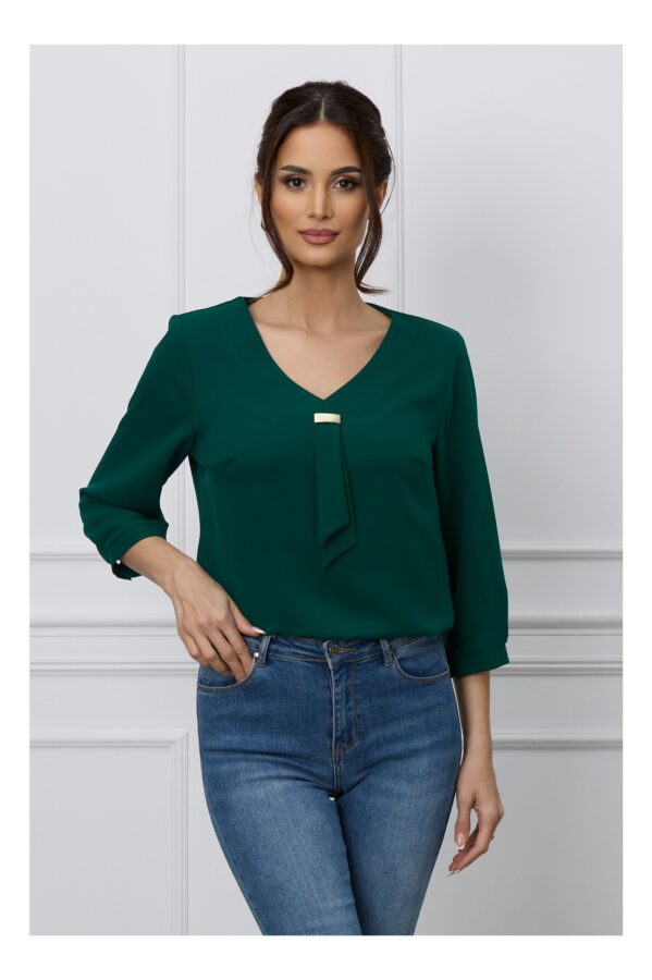 Bluza Diana verde cu aplicatie tip cravata la decolteu