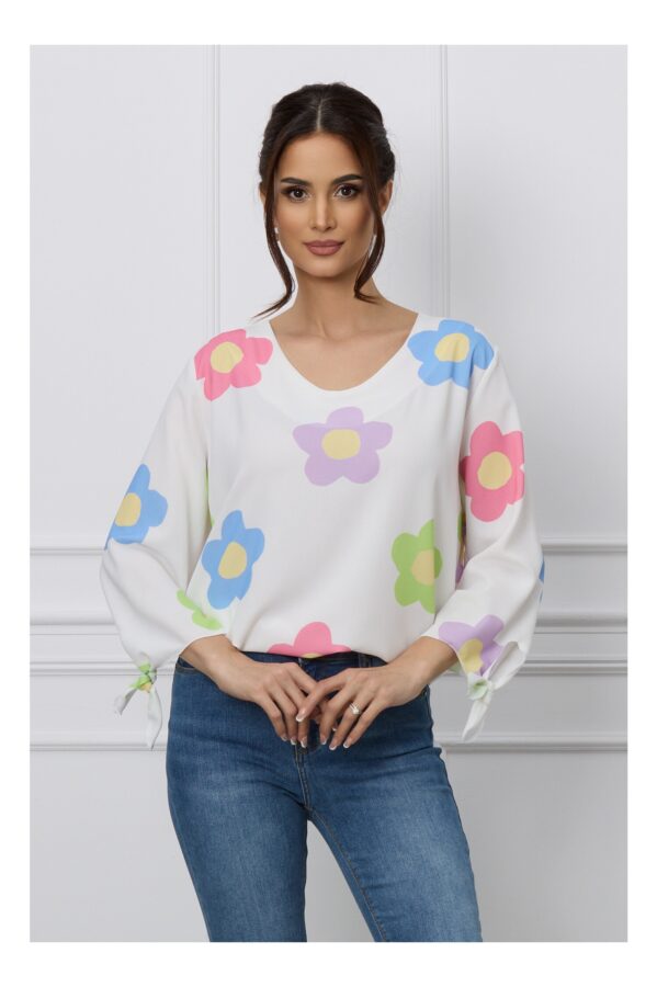 Bluza Dima alba cu imprimeuri florale pastelate