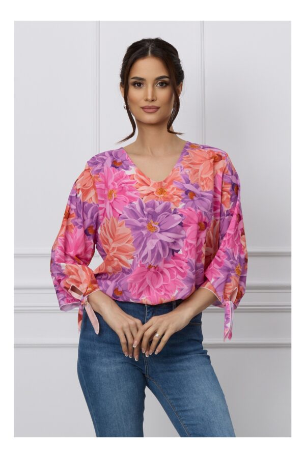 Bluza Dima lila cu imprimeuri florale maxi corai si fucsia