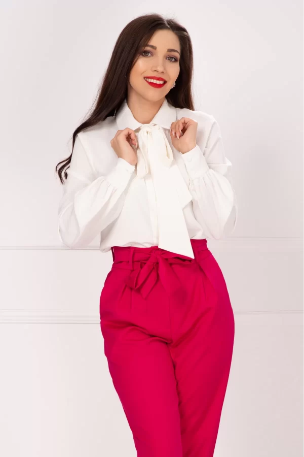 Bluza din voal ecru cu funda stilizata din panglica si mansete late