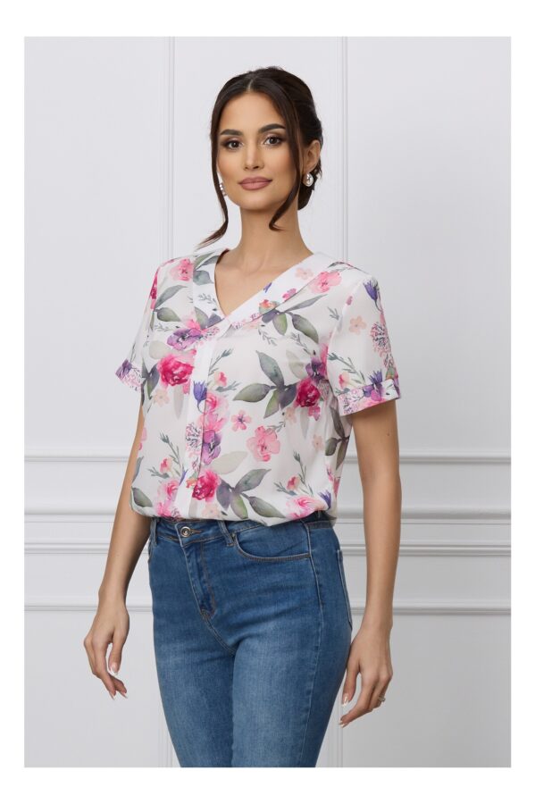 Bluza Gina alba cu imprimeuri florale roz