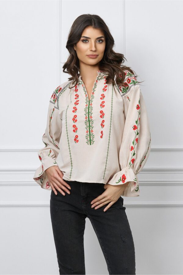 Bluza Mary bej cu flori corai