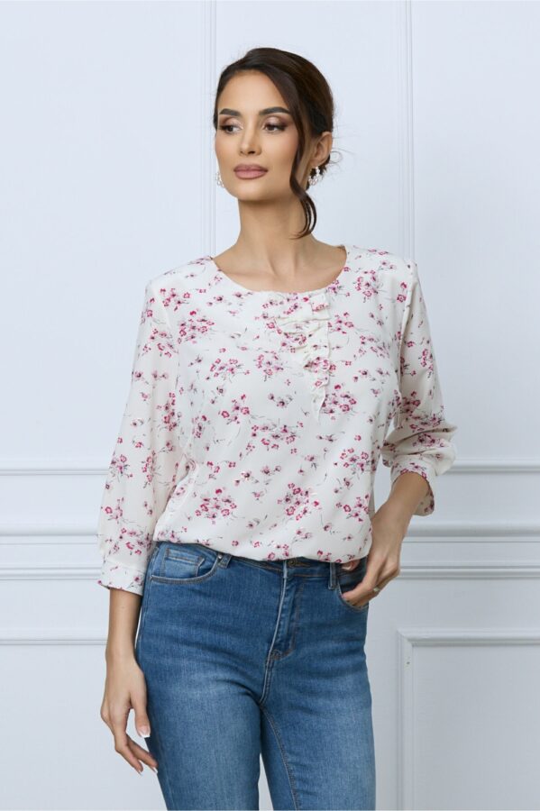 Bluza Miahela alba cu floricele roz si volanas