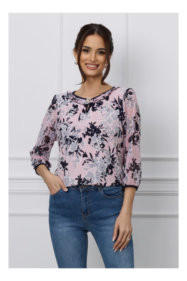 Bluza Simona roz cu imprimeuri bleumarin si gri