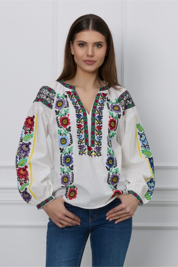 Bluza Sore alba cu broderie traditionala colorata