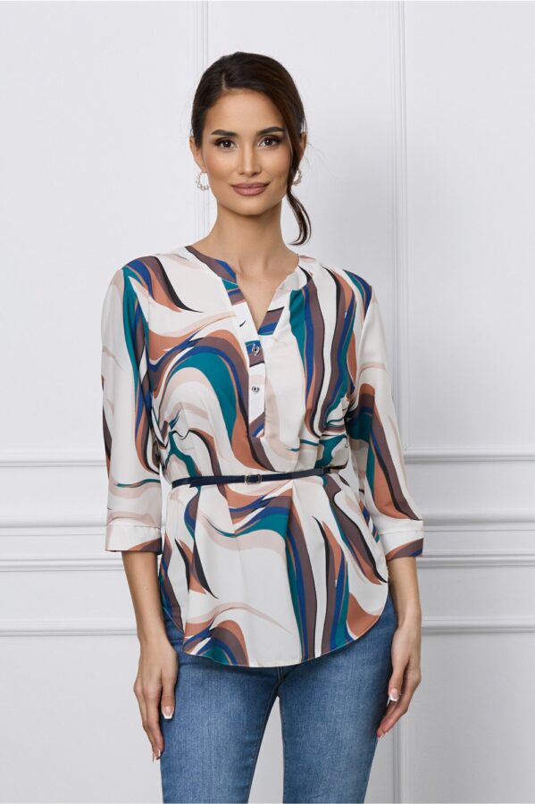 Bluza Vanessa ivory cu imprimeu maro si curea in talie