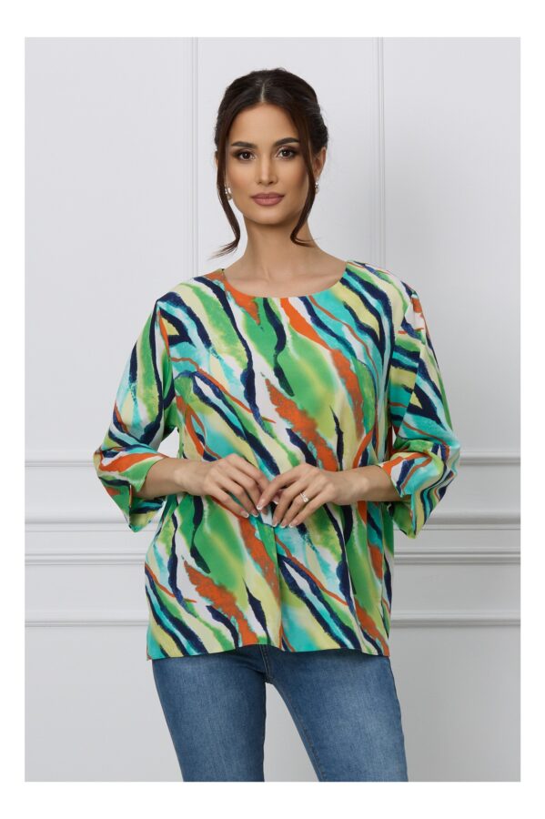Bluza Vera verde cu imprimeuri portocalii si turcoaz