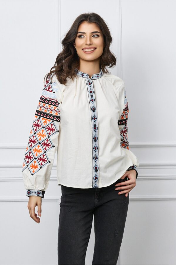 Camasa casual cu broderie traditionala bleu si orange